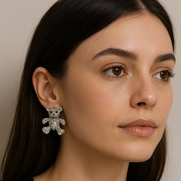 Teddy Bear Post Earrings Silver Tone Rhinestones Movable Key New OS - Picture 1 of 10